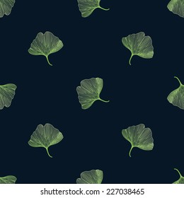 Ginkgo biloba leaves on black background, line design, seamless pattern