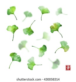 Ginkgo biloba leaves on white background. Traditional Japanese ink painting sumi-e.Contains hieroglyph - happiness.