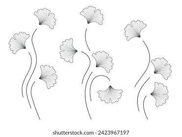 Ginkgo biloba leaves and plants set isolated on white background. Beautiful ginkgo branches for cozy interior design, card, poster, logotype or other using. Vector illustration. Not AI created.