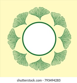 Ginkgo Biloba leaves. Round frame. Isolated on yellow, medicinal plant. Vector illustration in color. Invitation/thank you/event vector card template