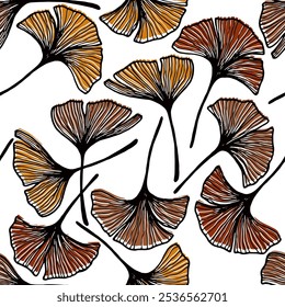 Ginkgo biloba deixa batik impressão sem costura. Simples folhagem de gingko delineando ilustração vetorial. Ginkgo planta folha floral ornamento papel de parede. Motivo orgânico moderno sem emenda herbal.