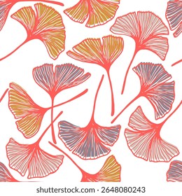 Ginkgo biloba deixa batik impressão sem costura. Ilustração vetor de contorno de folhagem de gingko bonito. Padrão de papel de parede floral de folha de planta Ginkgo. Natureza folhagem linhas finas textura design gráfico.