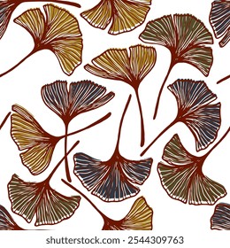 Ginkgo biloba leaves seamless fabric print. Beautiful gingko foliage outline vector illustration. Ginkgo plant leaf floral wallpaper pattern. Herbal organic seamless motif.