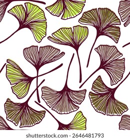 Ginkgo biloba leaves seamless fabric print. Beautiful gingko foliage outline vector illustration. Ginkgo tree leaf floral wallpaper ornament. Herbal botanical seamless motif.