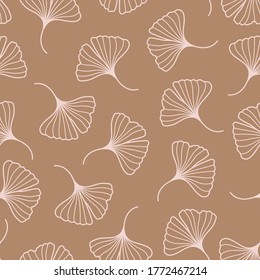 Ginkgo Biloba Leaves Seamless Pattern in a Trendy Minimal Style. Outline of a Botanical Background. Floral Vector Ornament for printing on fabric, invitation, wrapping, wallpaper and othe