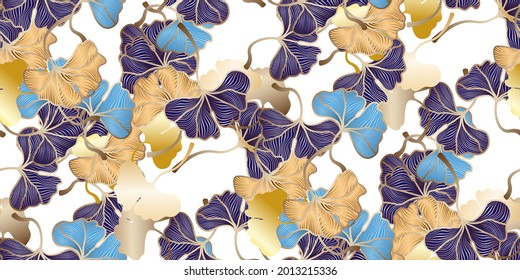  Ginkgo biloba leaves seamless pattern in trendy minimal style. Leaves of ginkgo bilboa. Floral design for luxury elegant wall art ,interior design, printing on fabric, invitation, wrapping, wallpaper