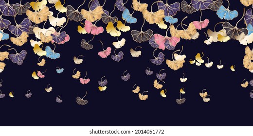  Ginkgo biloba leaves seamless pattern in trendy minimal style. Leaves of ginkgo bilboa. Floral design for luxury elegant wall art ,interior design, printing on fabric, invitation, wrapping, wallpaper