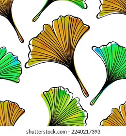 Ginkgo biloba leaves seamless pattern. Hand drawn digital Vector illustration. Nature background.