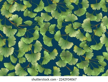 Ginkgo biloba leaves. Seamless pattern, background. Vector illustration. In botanical style