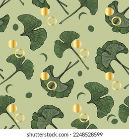 Ginkgo biloba leaves seamless pattern in trendy minimalistic style. Ginkgo biloba leaves with geometric shapes. Floral design for luxury elegant wall art, interior design, fabric print, invitation, 