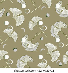 Ginkgo biloba leaves seamless pattern in trendy minimalistic style. Ginkgo biloba leaves with geometric shapes. Floral design for luxury elegant wall art, interior design, fabric print, invitation, 