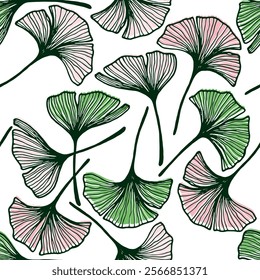 Ginkgo biloba leaves seamless textile print. Modern gingko foliage outline vector illustration. Ginkgo plant leaf floral wallpaper ornament. Decorative foliage thin lilnes texture graphic design.