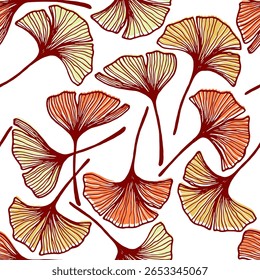 Ginkgo biloba deixa impressão têxtil sem costura. Ilustração vetor de contorno de folhagem de gingko bonito. Padrão de papel de parede floral de folha de planta Ginkgo. Motivo orgânico moderno sem emenda herbal.