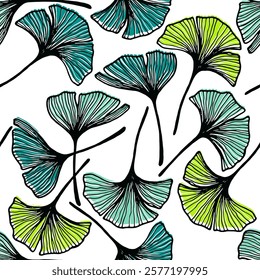 Ginkgo biloba leaves seamless tissue print. Elegant gingko foliage outline vector illustration. Ginkgo plant leaf floral wallpaper pattern. Herbal natural seamless motif.