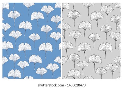 Ginkgo Biloba Leaves Seamless Vector Pattern. White Ginko Leaves with Black Sketched Outline Isolated on a Blue and Gray Background. imple Floral Print Ideal for Fabric, Textile, Wrapping Paper.
