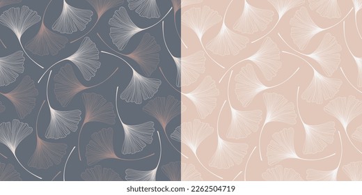 Ginkgo Biloba Leaves Seamless Vector Patterns. White and Brown Ginkgo Biloba Leaves on Grey Background. White Ginkgo Biloba Leaves on Beige Background. Foliage seamless pattern. 