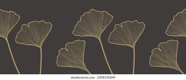 Ginkgo biloba leaves seamless vector border. Elegant luxury golden color floral thin line style drawing.