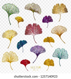 Ginkgo biloba leaves set. Vector multicolored isolated objects. Botanical illustration in glitter shine style. Trendy gold glitter texture, vivid, bright, pink, blue, green, violet