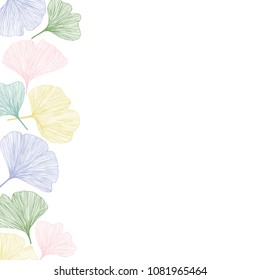 Ginkgo biloba leaves, vector illustration left side border in pastel colors for background