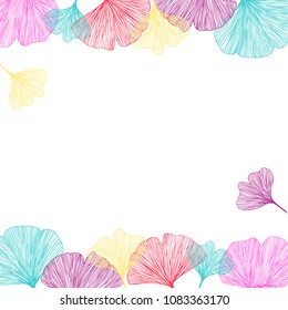 Ginkgo biloba leaves, vector illustration top and bottom side border in bright colors for background