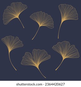 Ginkgo Biloba Leaves Vector Illustration. Gold Ginkgo Biloba Leaves on Dark Blue Background.