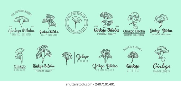 Ginkgo biloba minimal emblem, natural skin care cosmetics and extract. Vector set of linear labels with plant leaves and fonts, reflecting purity of nature. Simply clean and refreshing beauty cosmetic