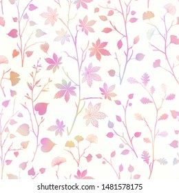 Ginkgo biloba, oak, linden, chestnut fall leaves pattern seamless background. Vector falling leaf autumn colorful  Botanical multicolored holographic gradient vibrant trendy illustration
