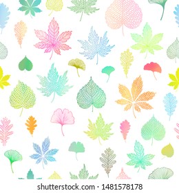 Ginkgo biloba, oak, linden, chestnut fall leaves pattern seamless background. Vector falling leaf autumn colorful  Botanical multicolored holographic gradient vibrant trendy illustration