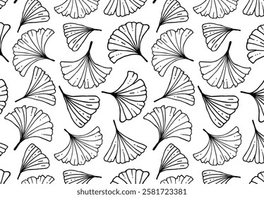  Ginkgo biloba pattern. Seamless pattern with black and white leaves. Hand-drawn botanical print. For printing on fabric, paper, wallpaper, postcards and gift paper. Vector design.