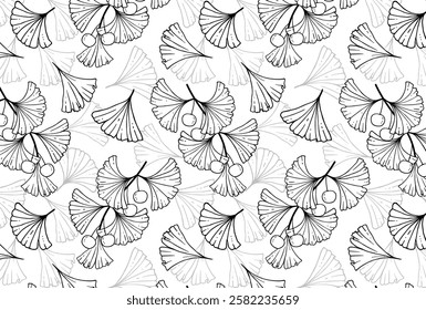 Ginkgo biloba pattern. Seamless pattern with black and white leaves. Hand-drawn botanical print. For printing on fabric, paper, wallpaper, postcards and gift paper. Vector design.