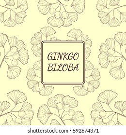 Ginkgo Biloba plant, leaf, branch, berry. Background, medicinal plant. Hand drawn sketch illustration. Ingredient for hair and body care cream, lotion, treatment.