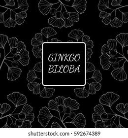 Ginkgo Biloba plant, leaf, branch, berry. Background, medicinal plant. Hand drawn sketch illustration. Ingredient for hair and body care cream, lotion, treatment.