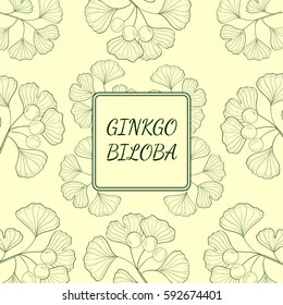 Ginkgo Biloba plant, leaf, branch, berry. Background, medicinal plant. Hand drawn sketch illustration. Ingredient for hair and body care cream, lotion, treatment.