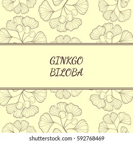 Ginkgo Biloba plant, leaf, branch, berry. Background, medicinal plant. Hand drawn sketch illustration. Ingredient for hair and body care cream, lotion, treatment.