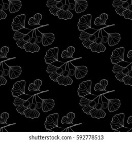 Ginkgo Biloba plant, leaf, branch, berry. Seamless pattern, medicinal plant. Hand drawn sketch illustration. Ingredient for hair and body care cream, lotion, treatment.