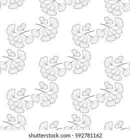 Ginkgo Biloba plant, leaf, branch, berry. Seamless pattern, medicinal plant. Hand drawn sketch illustration. Ingredient for hair and body care cream, lotion, treatment.