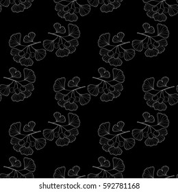 Ginkgo Biloba plant, leaf, branch, berry. Seamless pattern, medicinal plant. Hand drawn sketch illustration. Ingredient for hair and body care cream, lotion, treatment.