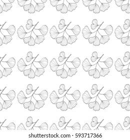 Ginkgo Biloba plant, leaf, branch. Seamless pattern, medicinal plant. Hand drawn sketch illustration. Ingredient for hair and body care cream, lotion, treatment.