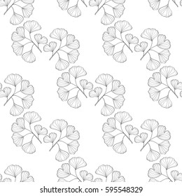 Ginkgo Biloba plant, leaf, branch. Seamless pattern, medicinal plant. Hand drawn sketch illustration. Ingredient for hair and body care cream, lotion, treatment.