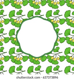 Ginkgo Biloba plant, leaf, branch, berry. Square banner, medicinal plant. Hand drawn sketch illustration in color. 