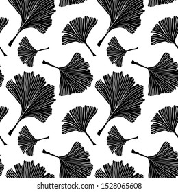 Ginkgo Biloba Plant Seamless Pattern, Large Black Leaves Silhouettes on White. Vector Monochrome Illustration. Ayurvedic Medicine Theme. Japanese Tree.