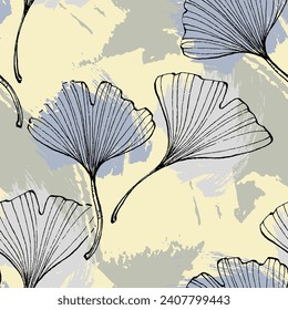 Ginkgo Biloba Plant Seamless Pattern. Ayurvedic Medicine Theme. Japanese Tree. Nature leaves outline design for various textiles and the design of medical cosmetics. Vector illustration