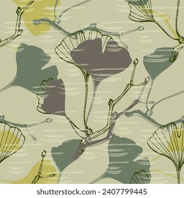 Ginkgo Biloba Plant Seamless Pattern. Ayurvedic Medicine Theme. Japanese Tree. Nature leaves outline design for various textiles and the design of medical cosmetics. Vector illustration