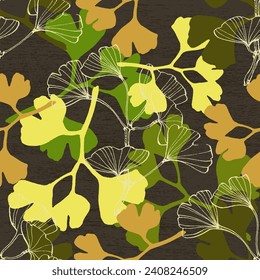 Ginkgo Biloba Plant Seamless Pattern. Ayurvedic Medicine Theme. Japanese Tree. Nature leaves outline design for various textiles and the design of medical cosmetics. Vector illustration