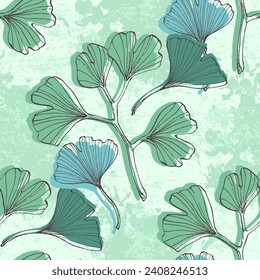 Ginkgo Biloba Plant Seamless Pattern. Ayurvedic Medicine Theme. Japanese Tree. Nature leaves outline design for various textiles and the design of medical cosmetics. Vector illustration