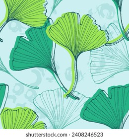 Ginkgo Biloba Plant Seamless Pattern. Ayurvedic Medicine Theme. Japanese Tree. Nature leaves outline design for various textiles and the design of medical cosmetics. Vector illustration