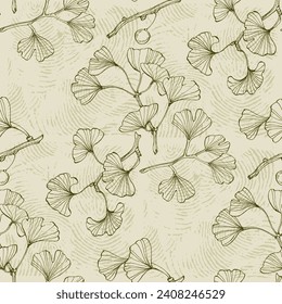 Ginkgo Biloba Plant Seamless Pattern. Ayurvedic Medicine Theme. Japanese Tree. Nature leaves outline design for various textiles and the design of medical cosmetics. Vector illustration