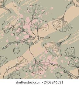 Ginkgo Biloba Plant Seamless Pattern. Ayurvedic Medicine Theme. Japanese Tree. Nature leaves outline design for various textiles and the design of medical cosmetics. Vector illustration