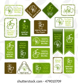 Ginkgo biloba. Rectangle stamps and stickers. Vector decorative isolated elements for package design.