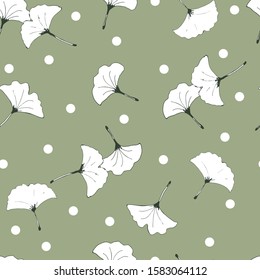 Ginkgo biloba seamless pattern hand-drawn, sketch on a green background. Eco icon. Monochrome drawing. Copy space. Design for cards, business cards, banner, decoupage, fabric. Vector illustration